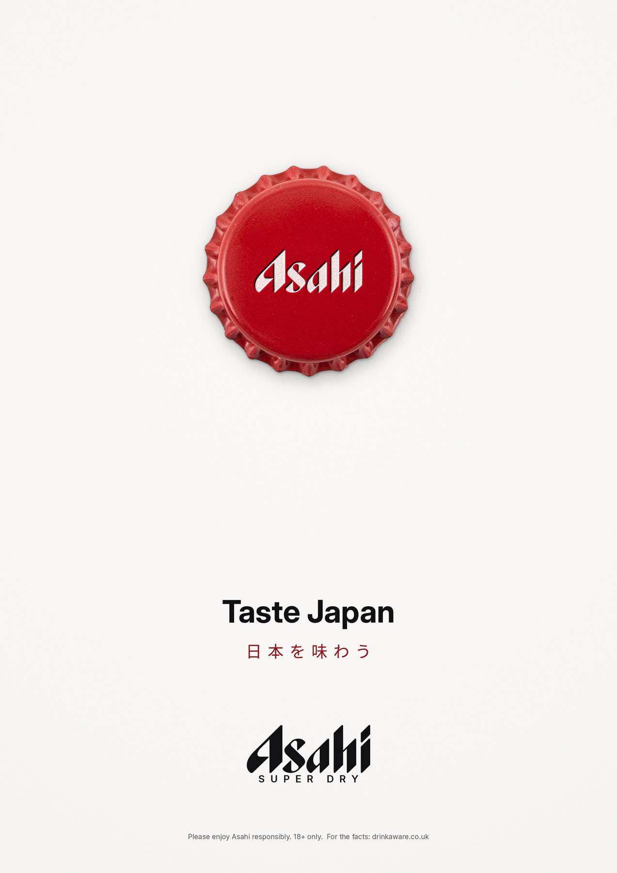 Asahi poster: a red bottle cap centred on white like the Japanese flag, headline Taste Japan