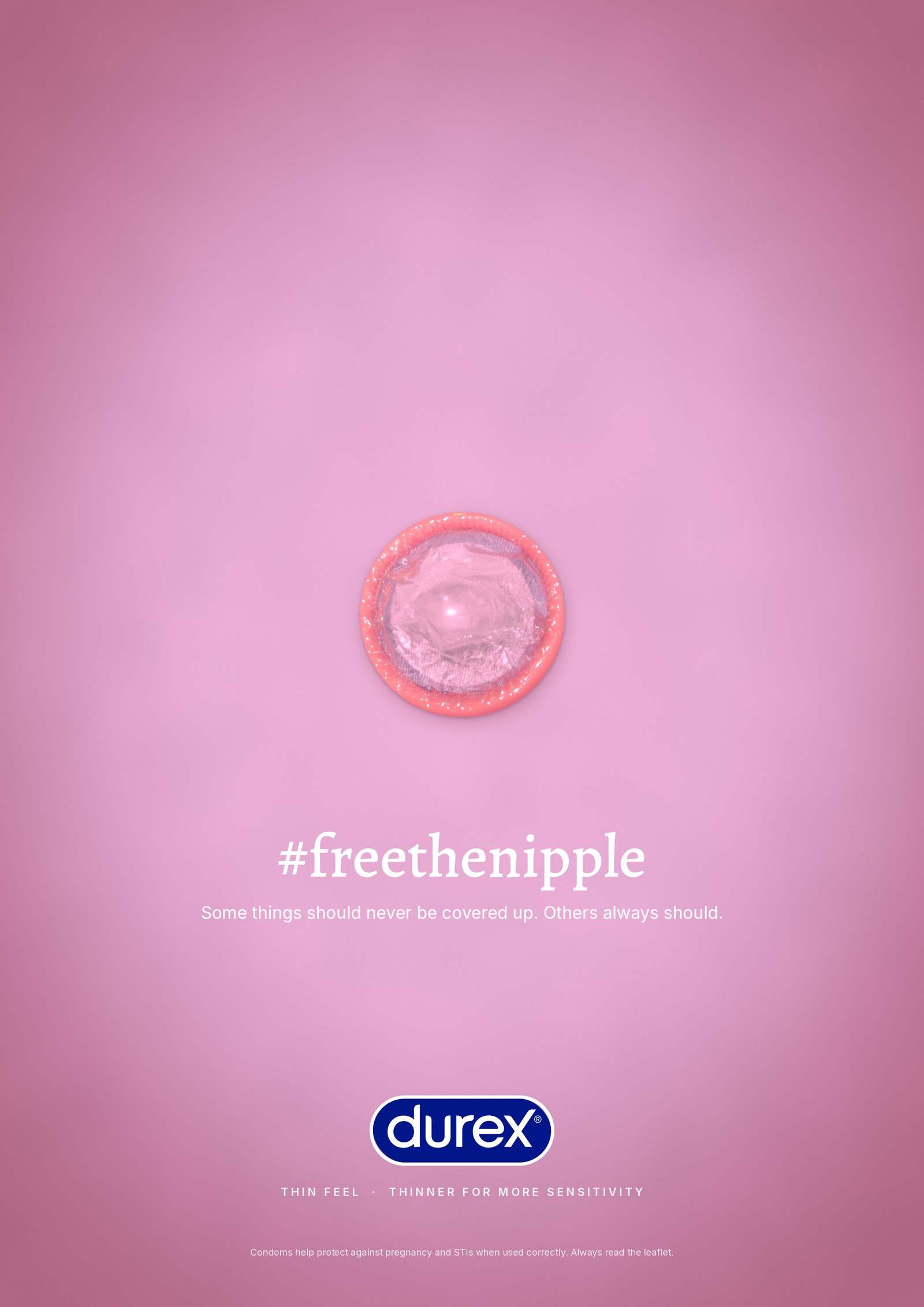 Durex poster: a condom seen from above on pink, reading as a nipple, headline #freethenipple