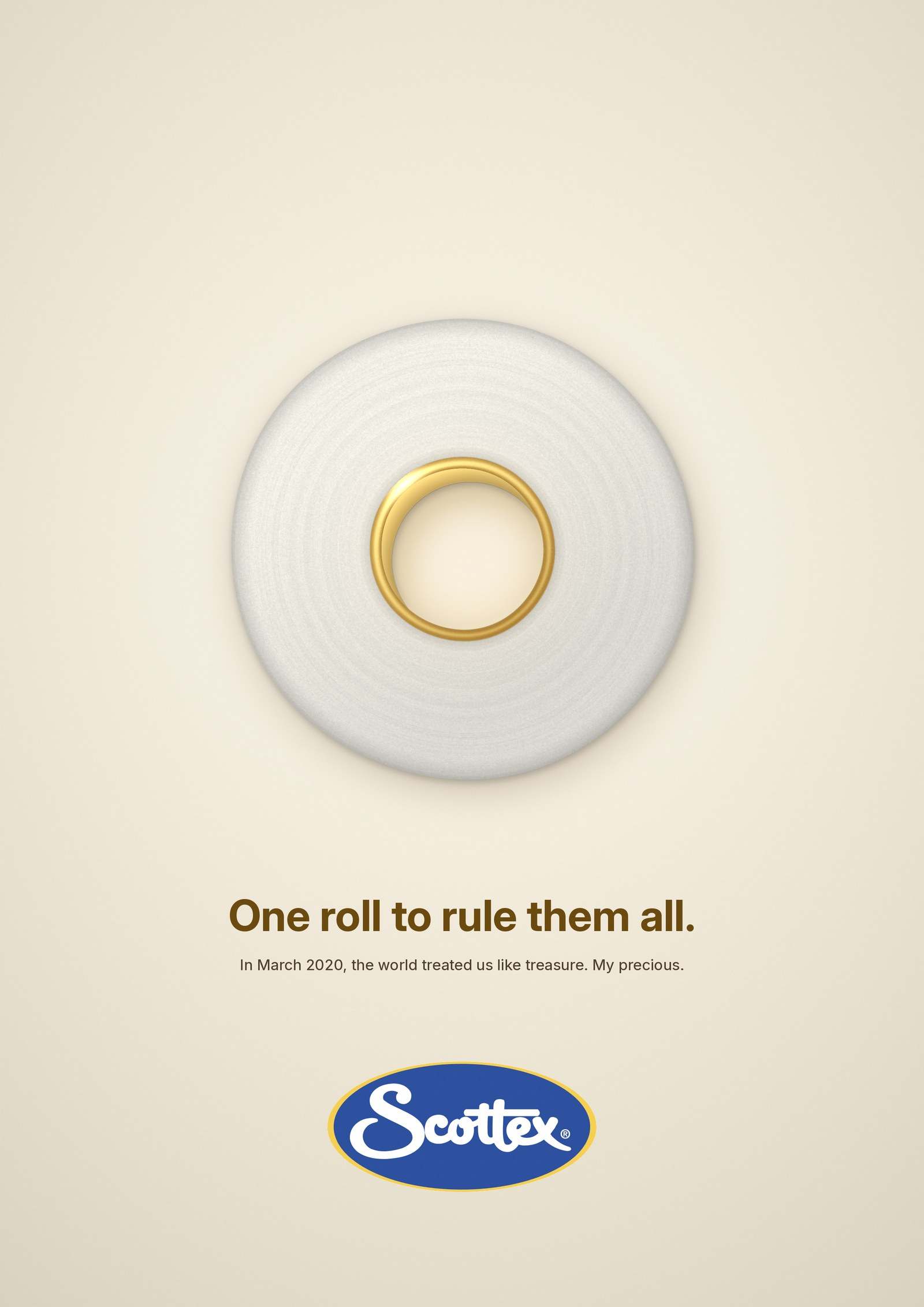 Scottex poster: a toilet roll end-on with a gold core like the One Ring, headline One roll to rule them all