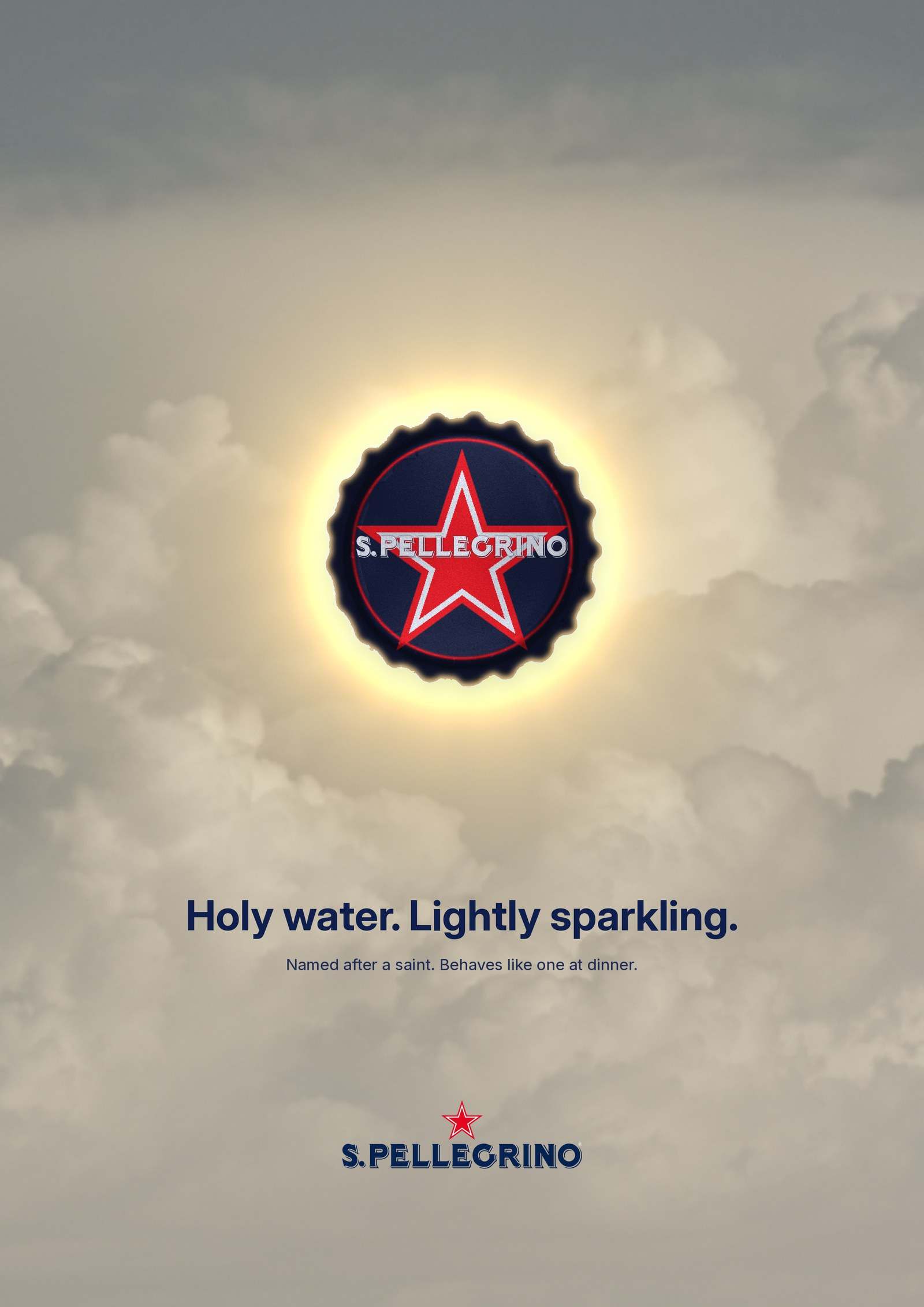S.Pellegrino poster: the bottle cap glowing gold like a halo in the clouds, headline Holy water. Lightly sparkling.