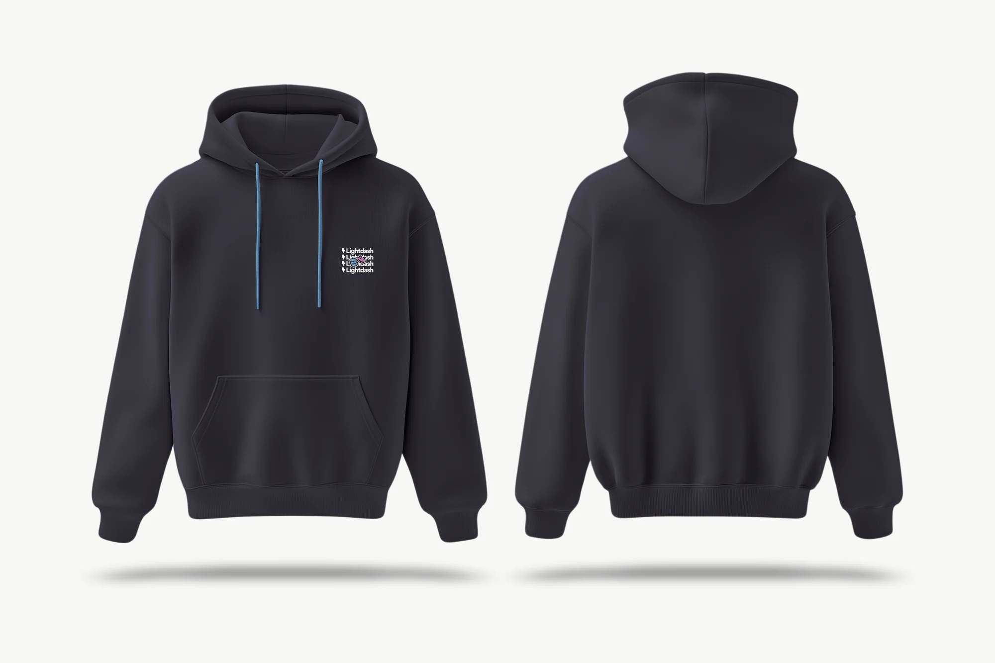 Front and back of a black hoodie with blue drawstrings and a small stacked Lightdash wordmark print on the chest, with a pink invader and a blue bolt patch on top