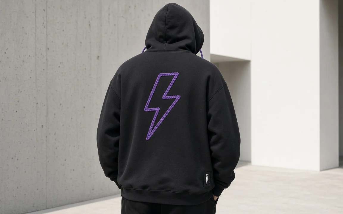 A person seen from behind in a black hoodie with a large purple outlined lightning bolt stitched on the back