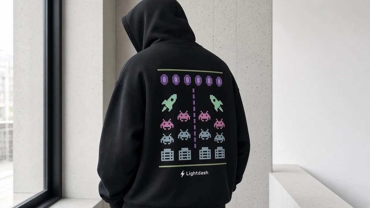 A person seen from behind in a black Data Invaders hoodie, a pixel arcade graphic of data icons across the back