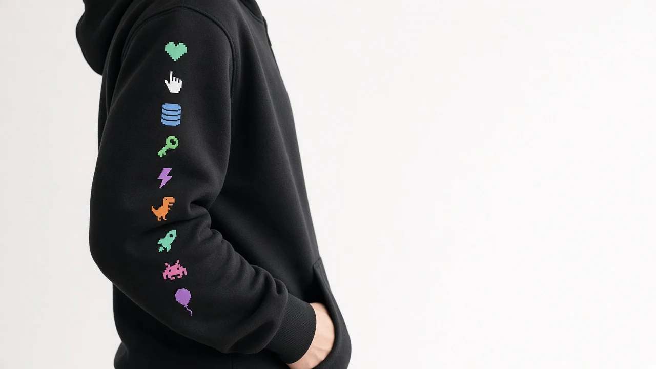 A person in a black hoodie with a column of colourful pixel icons printed down the sleeve