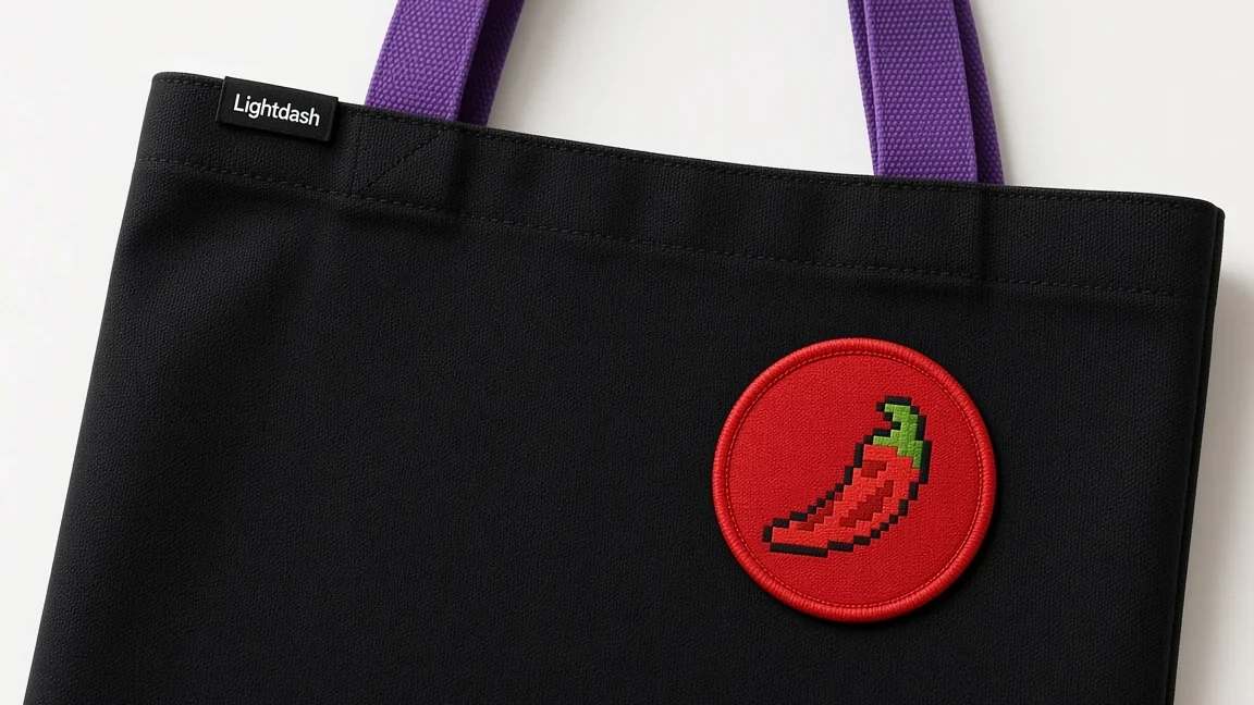 Close-up of the black tote with a round red embroidered patch of a pixel chilli pepper