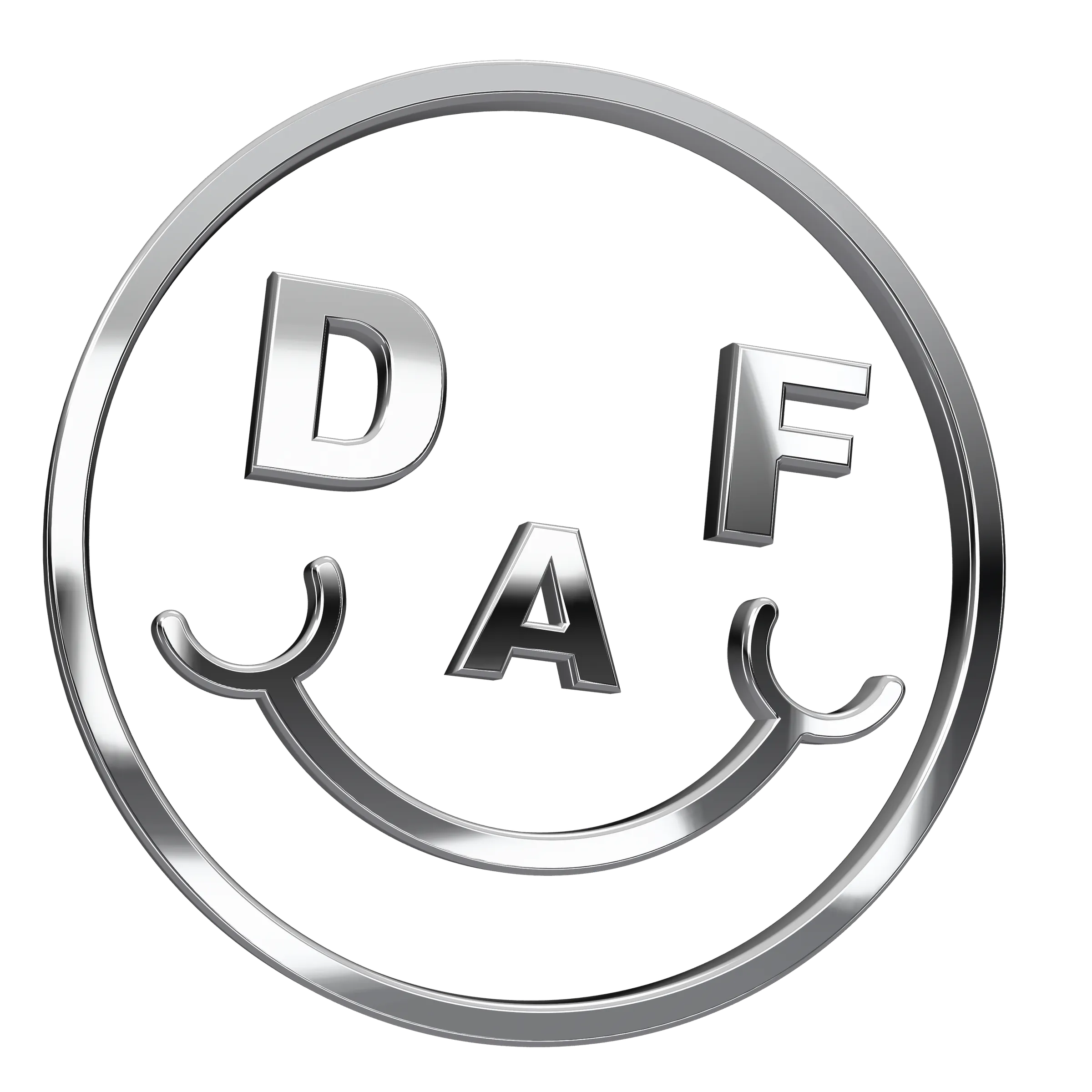 The DAF smiley mark as a cut-out polished chrome badge