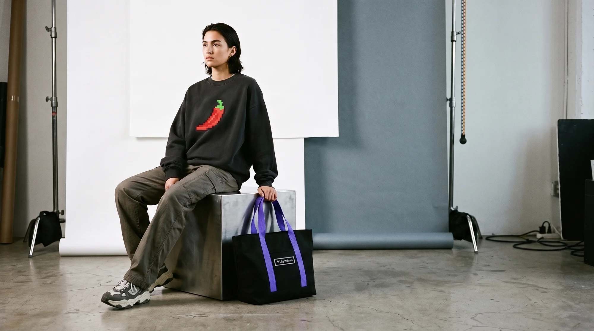A woman in a studio sitting on a steel cube, wearing a dark sweatshirt with a large red pixel chilli on the chest, a black tote with purple straps and a woven Lightdash label beside her