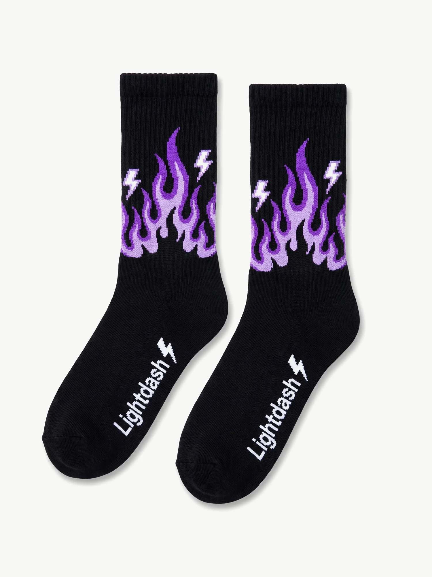A pair of black socks with purple flames and white lightning bolts around the cuff and a white Lightdash wordmark on the foot