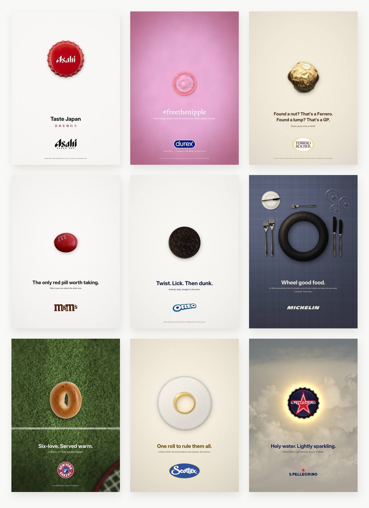 All nine posters in a row, each built around one centred circle