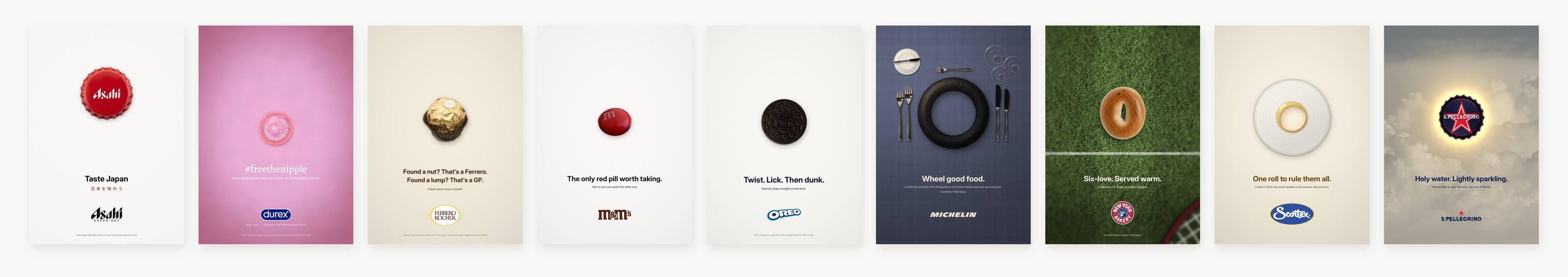 All nine posters in a row, each built around one centred circle