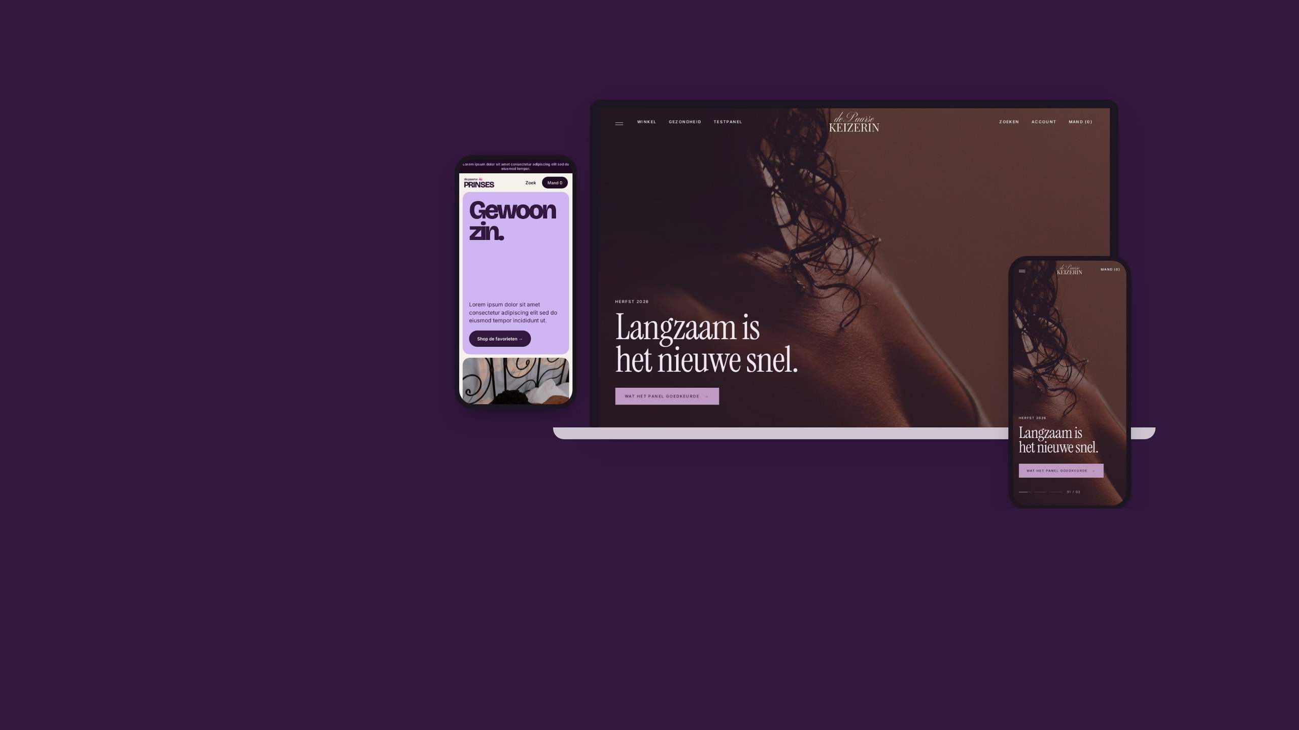 The proposed De Paarse Keizerin homepage on a laptop and a phone, with the De Paarse Prinses homepage on a second phone, on deep aubergine