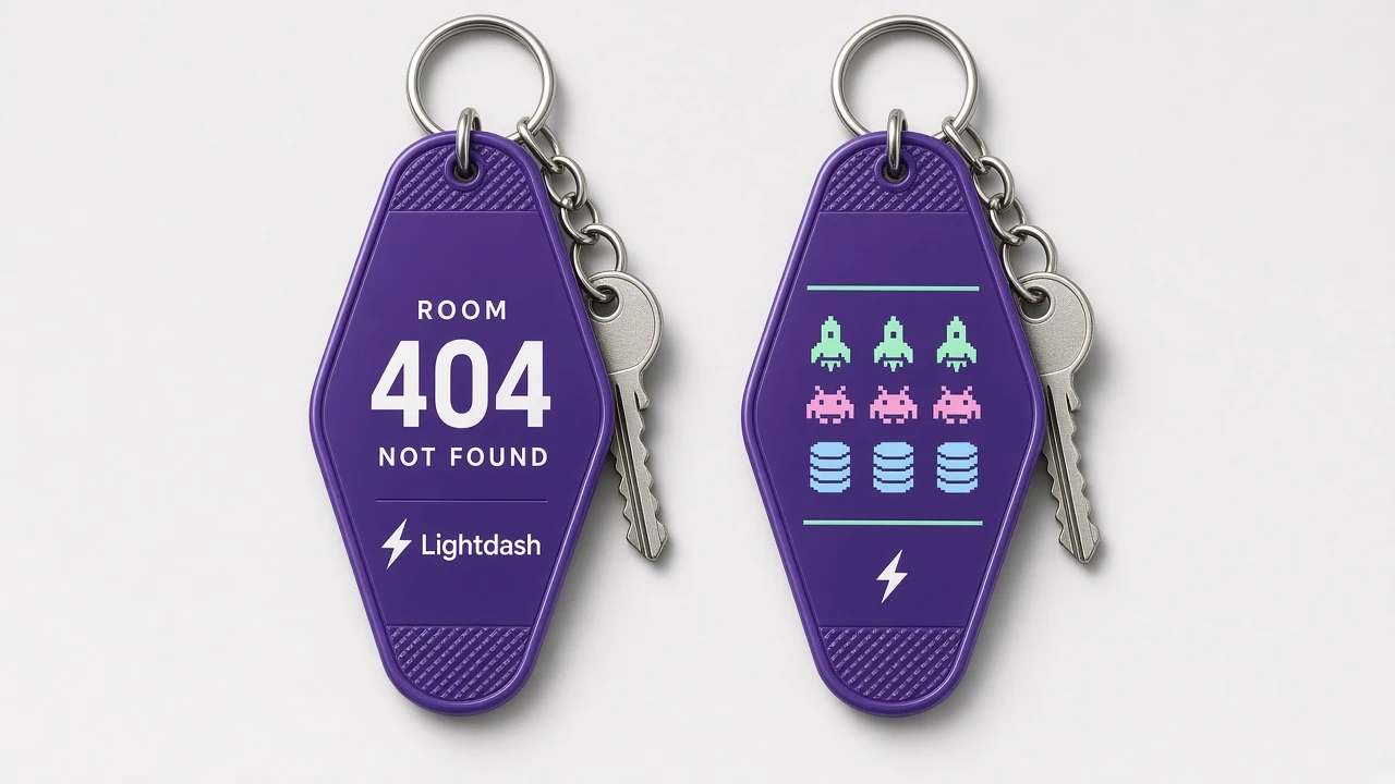 Two purple motel-style key fobs, one reading Room 404 Not Found with the Lightdash wordmark, the other with rows of pixel rockets, invaders and databases