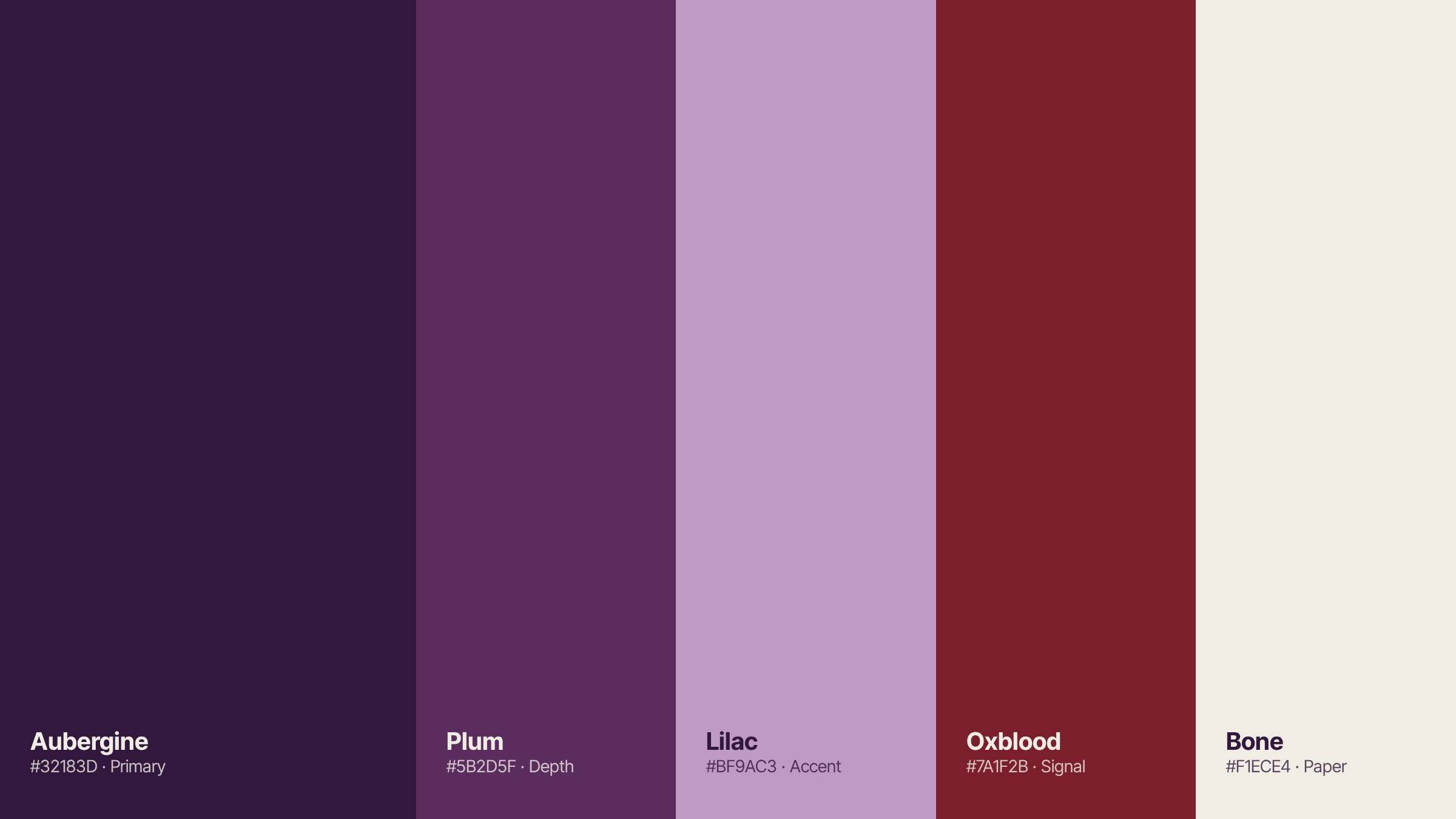 Proposed palette of aubergine, plum, lilac, oxblood and bone