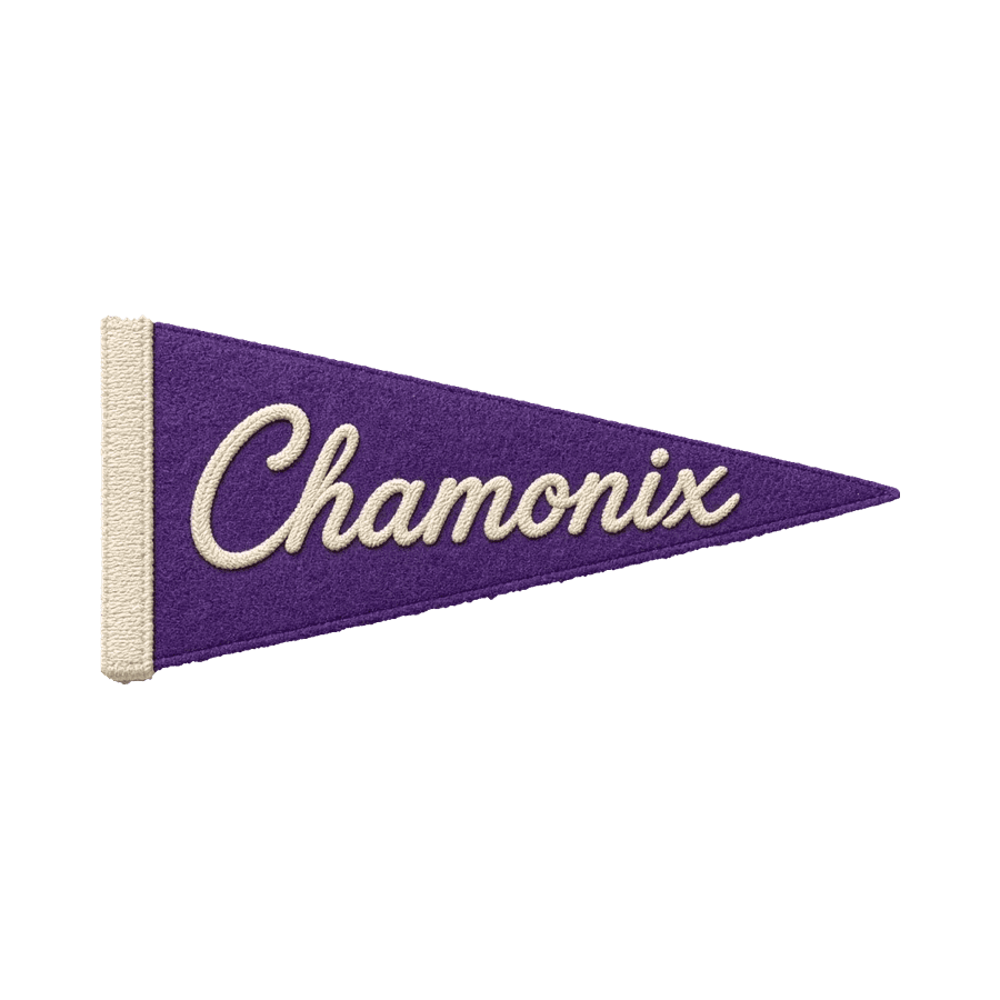 A purple pennant patch with Chamonix in cream script lettering