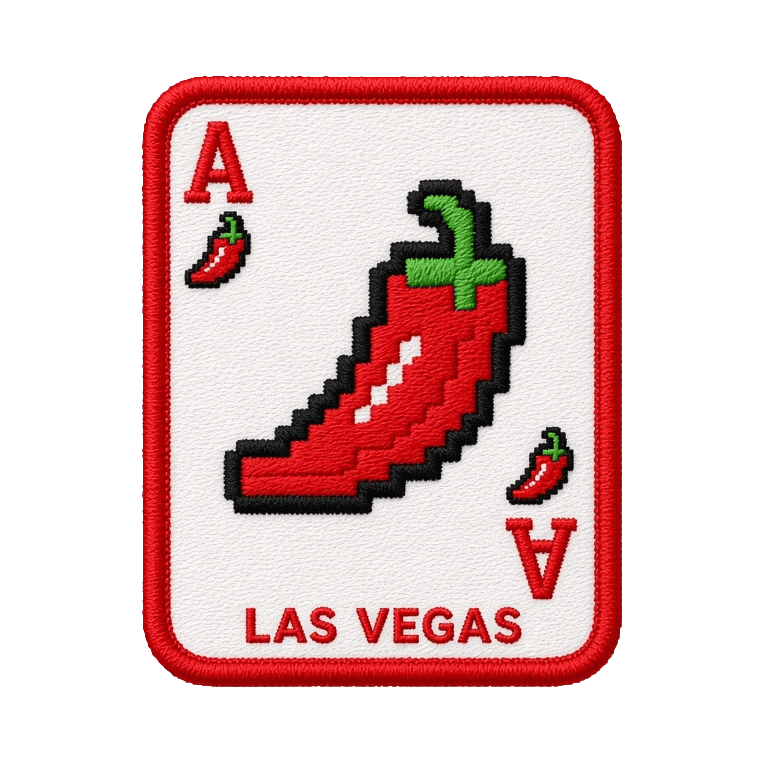 A playing card patch, an ace with a red pixel chilli in the middle and Las Vegas along the bottom