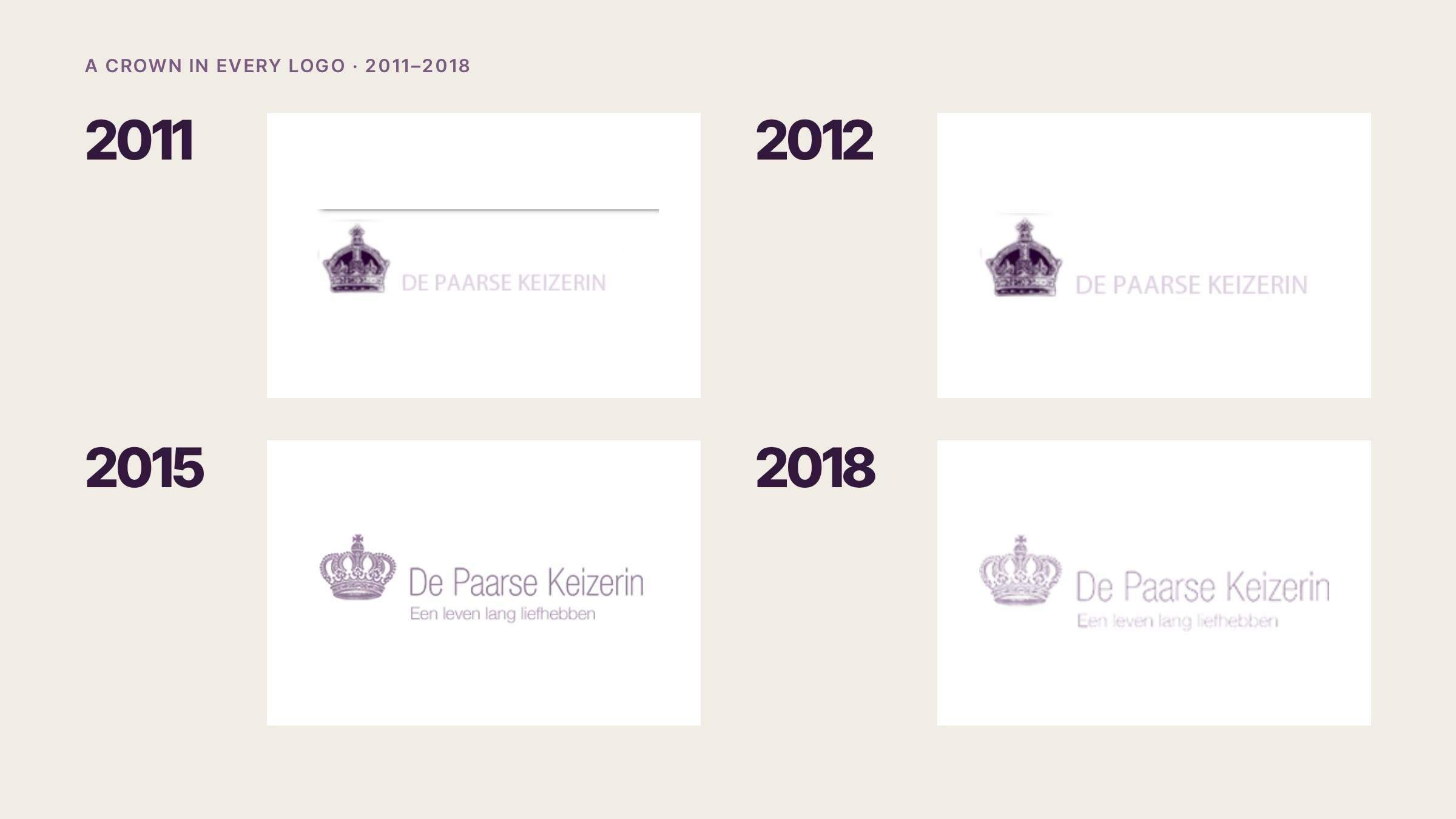 De Paarse Keizerin logos from 2011, 2012, 2015 and 2018, each with a crown