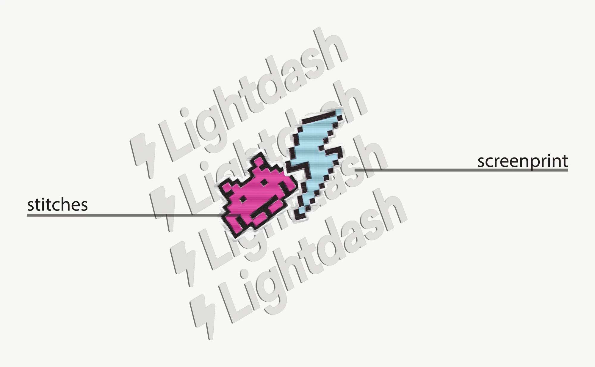 Layout of the chest print, four diagonal tonal Lightdash wordmarks with a pink invader patch and a blue bolt patch on top, labelled stitches and screenprint