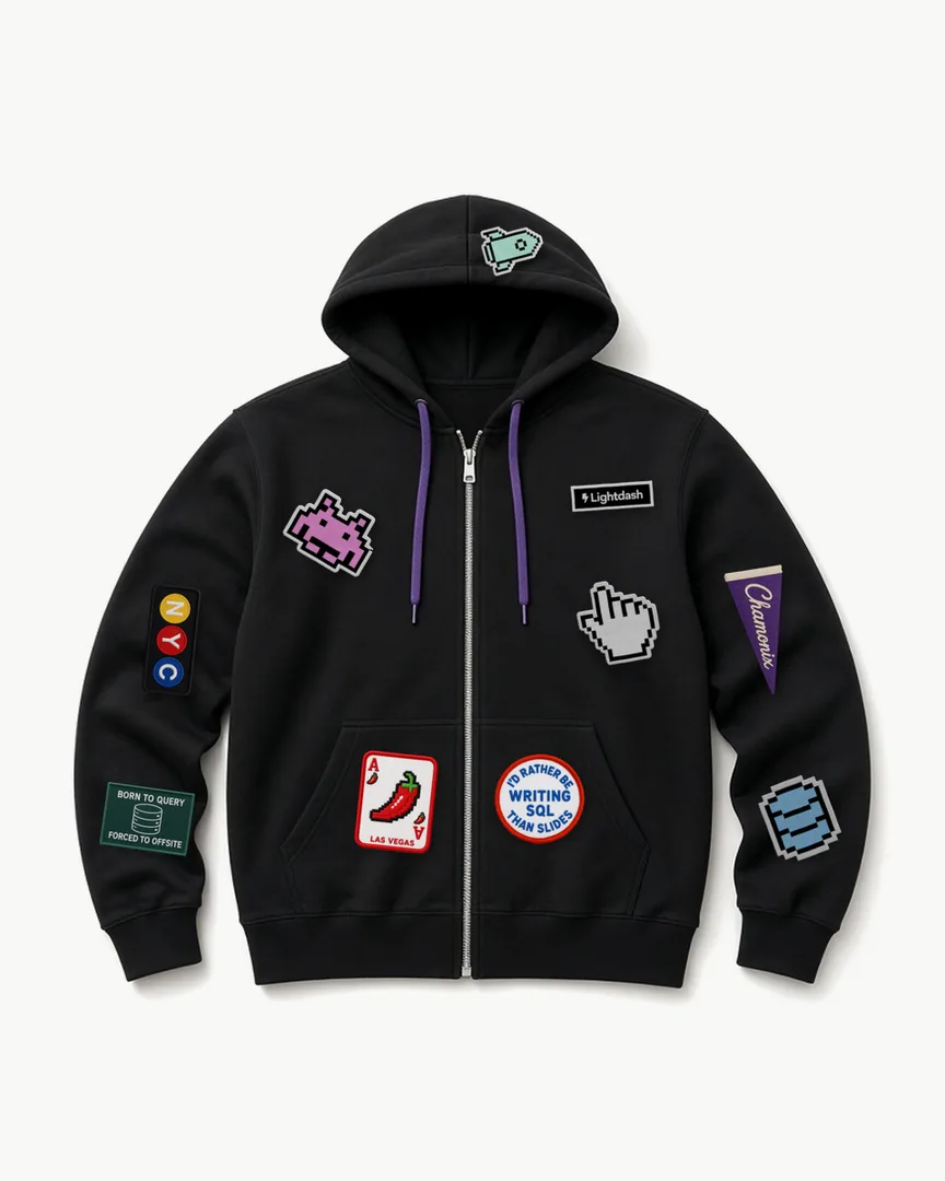 A black zip hoodie laid flat, collecting embroidered patches one by one, a Lightdash wordmark, a pink invader, a cursor, NYC, a Las Vegas ace, a rocket, I'd rather be writing SQL, a database, Born to query and a Chamonix pennant